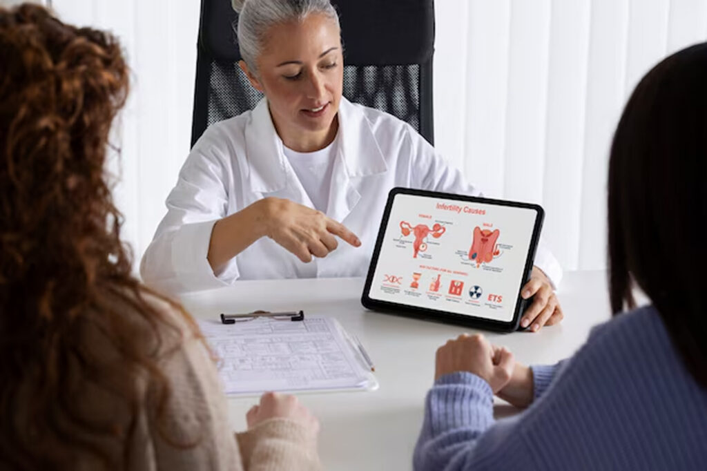 Ärztin erläutert auf einem Tablet die weiblichen Fortpflanzungsorgane.